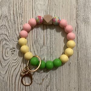 Silicone Beaded Wristlet Keychain Floral Pink Yellow Green w/ Lobster Clasp